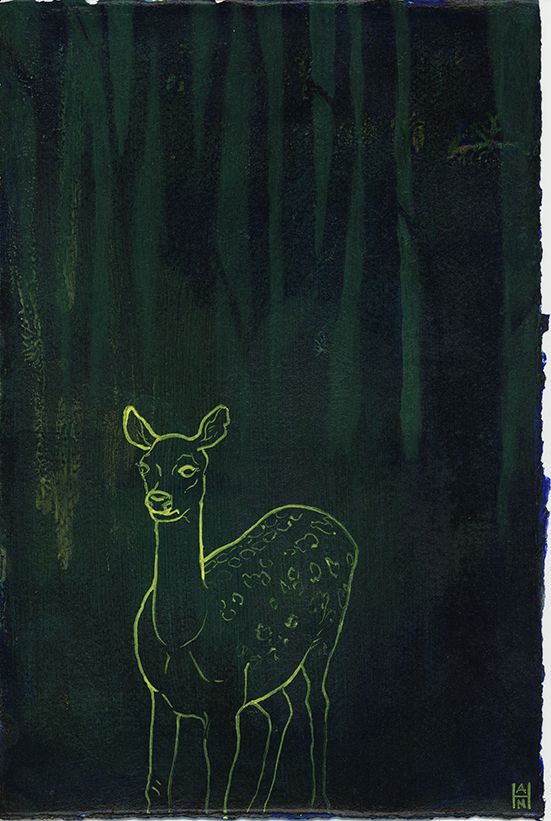 Deer in Forest, acrylic on paper, 8" x 12"