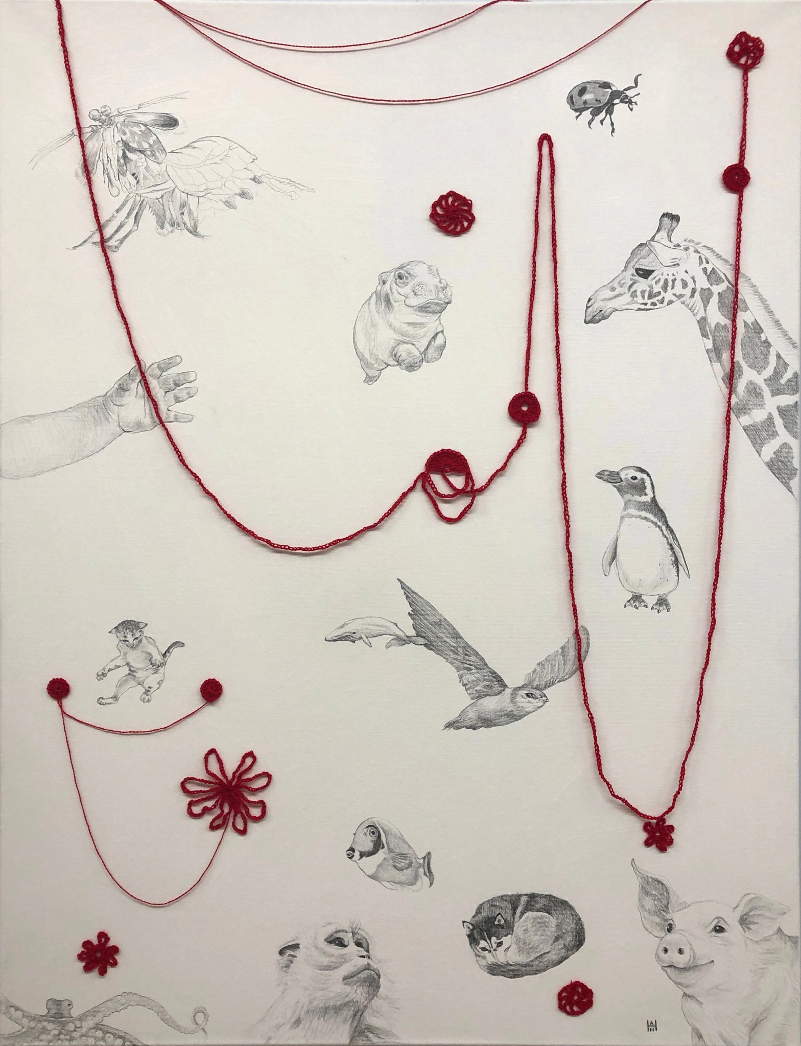"Blood+Lines Main Panel", Graphite and yarn on canvas, 36x48, $2000