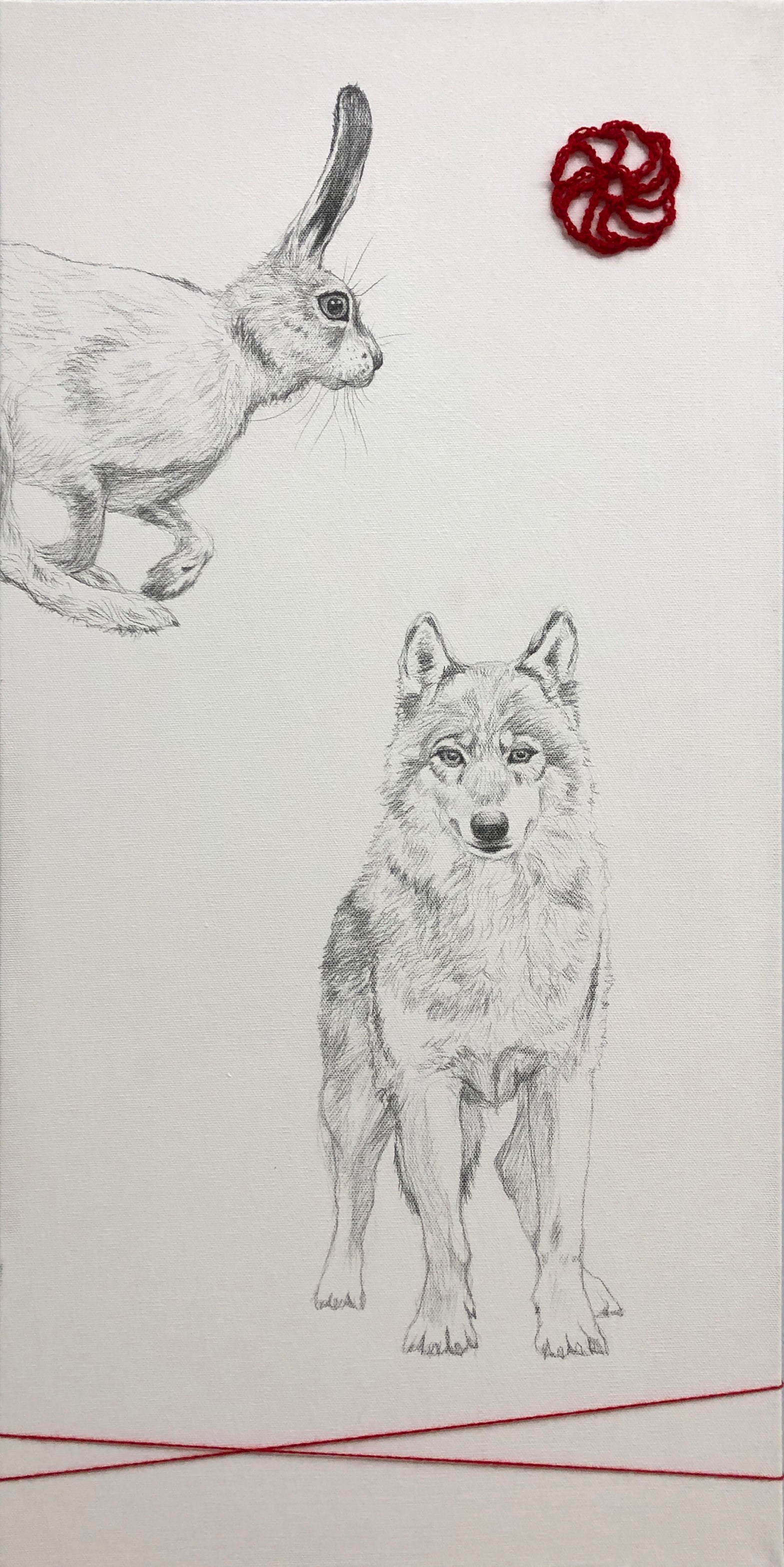 "Wolf and Hare", Graphite and yarn on canvas, 15x30, $500