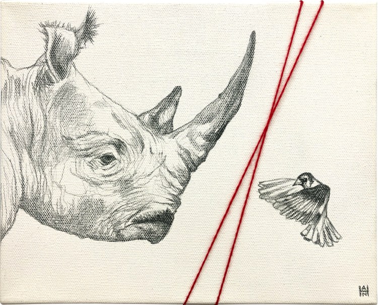 "David and Goliath", Graphite and yarn on canvas, 8x10