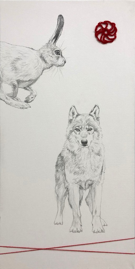 "Wolf and Hare", Graphite and yarn on canvas, 15x30