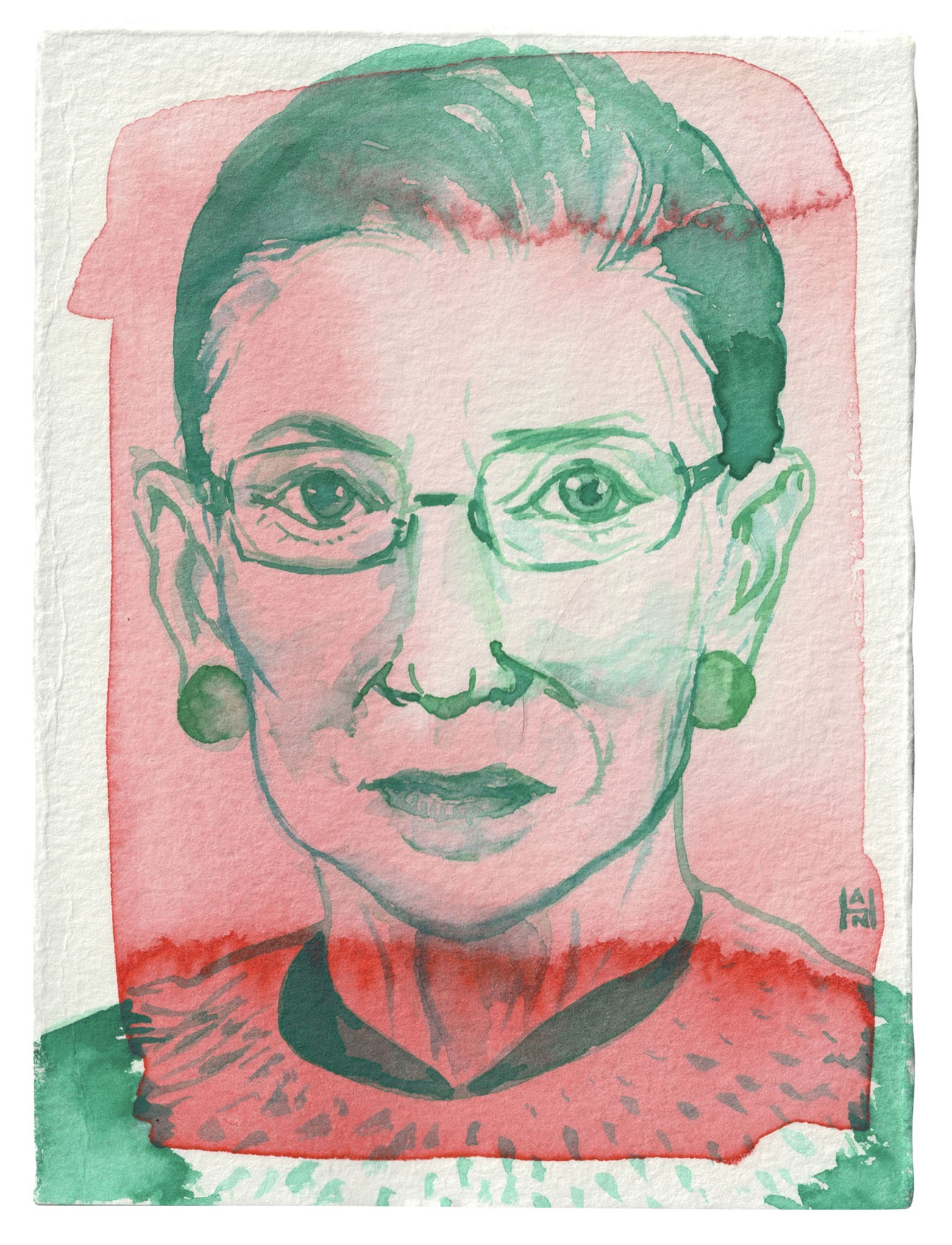 Ruth Bader Ginsburg, Watercolor on paper, 4.5" x 6", $150